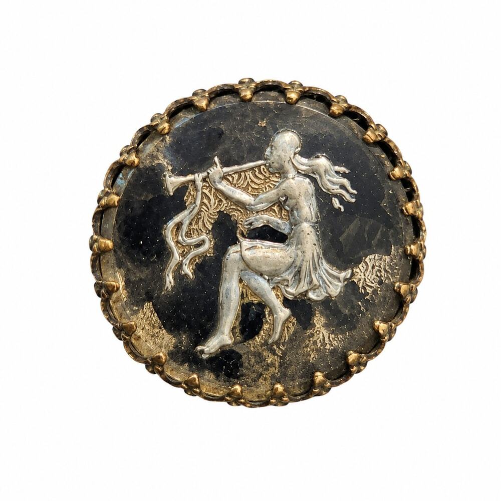 Antique Victorian Story Button Brooch Pin Mixed Metal Trumpet Horn Maiden 1800s
